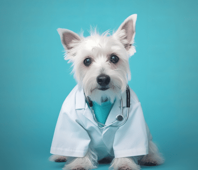 White dog wearing doctor coat on webpage about pet clinical trials