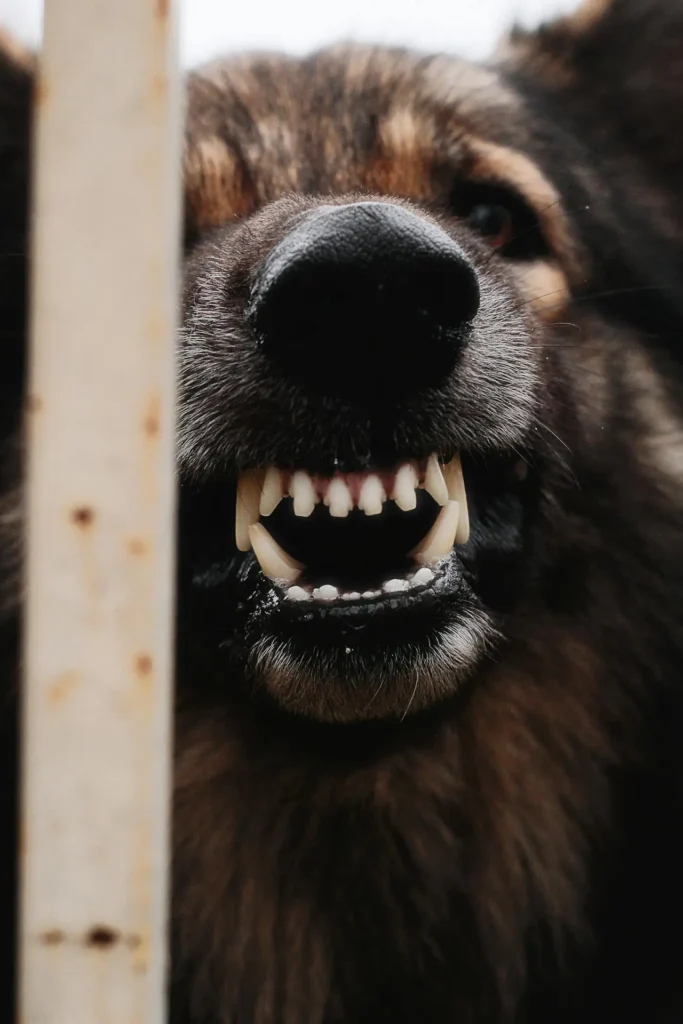 A dog bares its teeth through a fence, indicating a bite risk